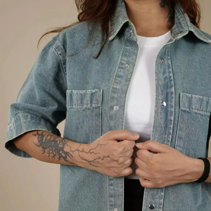 Hot Sale Unisex Casual <b>Denim</b> Shirts 100% Cotton Solid Colors Half Sleeves Plus Size Street Style for Autumn Season - Product Image 3