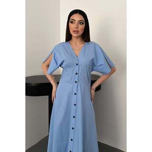 Vestido midi de popelina azul con botones - Azul - Product Image 3