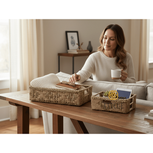 12x8x4 Inch Recycled Plastic and <b>Jute</b> Hamper <b>Basket</b> with Handle Living Room Multipurpose Organizer - Product Image 3