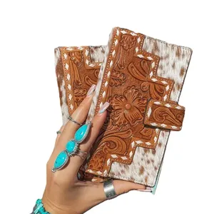 Ensemble de pochettes et portefeuilles à trois volets en cuir véritable pour femmes, imprimé au laser, style vintage, avec protection RFID et fermeture éclair, vente en gros - Product Image 1