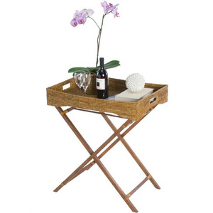 Bandeja de mayordomo de ratán La Jolla con soporte de madera de teca plegable tejido a mano de Vietnam, decoración conveniente - Product Image 4