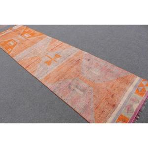 Tapis turc vintage 2,9x11 pieds, tapis de couloir, tapis persan en laine orange et blanc - Product Image 4