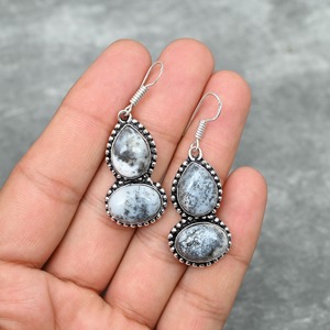 Top qualité 925 argent Sterling plaqué Style bohème à la mode Dendrite opale ovale pierre précieuse lunette naturelle anniversaire boucles d'oreilles - Product Image 3