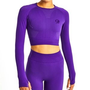 Purple Custom Logo Women's Breathable Short Long Sleeve Fitness <b>Crop</b> <b>Top</b> <b>Sexy</b> Workout Tank Style OEM Service Ready Ship Knitted - Product Image 1