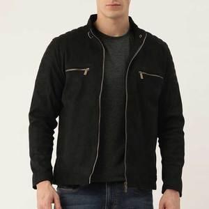 Men's Black <b>Suede</b> Bomber <b>Jacket</b> Stand Collar Zipper Closure Casual Autumn Wear Regular Fit Solid Color Men's <b>Leather</b> <b>Jacket</b> - Product Image 1
