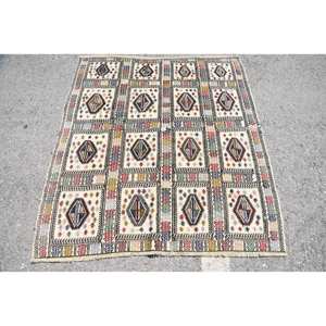 พรม kaboche ขนแกะสีขาววินเทจ4.4 x 4.8ft เย็บปะติดปะต่อกันทางเรขาคณิตที่ทำด้วยมือสำหรับตกแต่งห้องนั่งเล่นสำหรับวัยรุ่น - Product Image 1