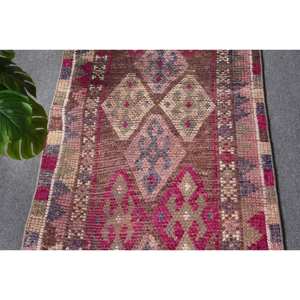 Vintage 2.6ft X 11.7ft alfombra turca clásica área grande rectángulo pasillo patrón diseño abstracto Rosa marrón lana Material látex - Product Image 5