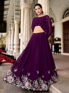 TRENDMALLS Georgette Paillettes Broderie Travail Lehenga Crop Top Semi Stitch Lehenga avec Unstitch Crop Top (L288-Purple) - Product Image 6