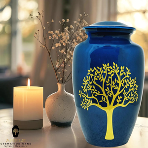 Urnas de cremación artesanales Urna de diseño de árbol de la vida Urna conmemorativa azul y dorada con tapa segura y bolsa de terciopelo - Product Image 6