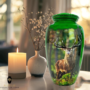 Urne en aluminium fabriquée à la main conception gravée de cerf Urnes de crémation Finition de revêtement Meena Conception étanche (souvenir et grandes tailles - Product Image 6
