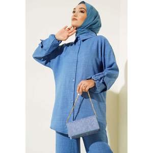 ชุดผ้าลินินติดกระดุม 2 ชิ้น สีน้ำเงิน - Product Image 2