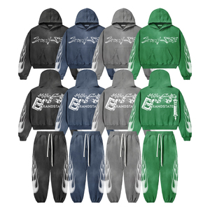 Custom Logo High Quality French Terry <b>Embroidery</b> Sweatpants & Hoodie Jogger <b>Set</b> Zip up Acid Wash Sun Faded Tracksuit for Men - Product Image 1