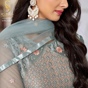 Ensemble Salwar Kameez semi-cousu brodé avec motif papillon, pour l'hiver, délicat, avec bas en satin et doublure en Santoon, vêtements ethniques indiens - Product Image 1