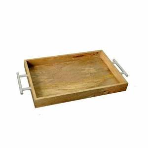 Plateau de service ovale en bois de manguier et métal au design moderne avec poignée pour servir les aliments pendant le Ramadan et les mariages - Product Image 1