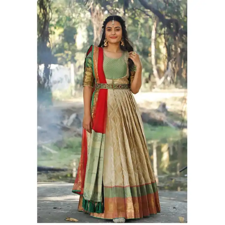 Gold Banarasi silk Zari Woven Gown with Dupatta – Halfsaree-studio