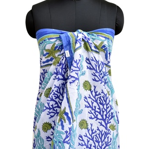 Sarongs traditionnels en coton pour femmes faits à la main Sanganeri bloc floral imprimé maillots de bain pour adultes paréos blancs en gros - Product Image 6