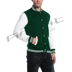 Blouson aviateur vert personnalisé de style universitaire baseball et universitaire pour hommes avec manches brodées et col montant avec logo sur le devant - Product Image 2