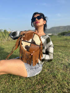 Cowhide Fur Sling Bag <b>Handbag</b> New Designer Stylish Western Collection of Fringe Crossbody Shoulder Round Bags Women's Use Purse - Product Image 3