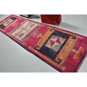 Vintage Turkish Rug, 3.4x11.7 ft <b>Runner</b> Rug, <b>Red</b> Blue Check Wool Rug - Product Image 4