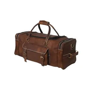 Brown <b>Leather</b> Travel <b>Duffel</b> <b>Bag</b> with Zipper Closure Printing Logo Casual Style Foldable Fitness & Gym Use - Product Image 2