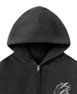 Custom Logo Embroidered Unisex Vintage Fashion Double Zipper Drop Shoulder Hoodie Distressed Faded Acid Wash Winter - Product Image 3