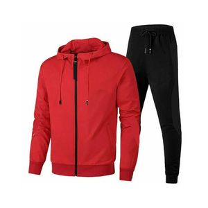 Conjunto Deportivo Unisex Rojo con Capucha, Sudadera con Cierre Completo, 100% Poliéster Transpirable de Secado Rápido, Pantalones Deportivos Negros Casuales - Product Image 1