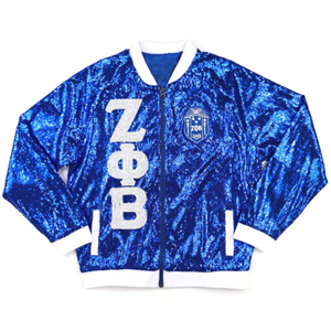 Veste à paillettes ZPB |   100% polyester, logos brodés Zeta Phi Beta, manches à paillettes, bouton unique, poignets côtelés, personnalisable - Product Image 1