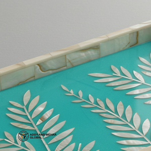 Le fournisseur indien propose un plateau de service rectangulaire de luxe en nacre (MOP)-résine sarcelle/turquoise, motif de feuilles irisées - Product Image 5