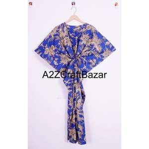 Caftán Indio Estampado en Bloque, Algodón Orgánico Puro, Ligero, Ropa de Dormir Corta, Estampado Floral, Ropa de Playa, Vestido de Verano - Product Image 5