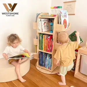 旋转书架书柜木制书架家具儿童书柜白色柜家用家具女孩木书柜