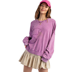 High Quality <b>Long</b> Casual Winter <b>Sweatshirt</b> <b>for</b> <b>Women</b> Front Custom Embroidery Thick 100% Cotton Fleece Acid Wash Printing - Product Image 1