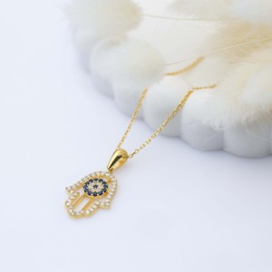 Hamsa <b>Eye</b> Sapphire CZ Stone Design Charm <b>Necklace</b> Pendant <b>Turkish</b> Handmade Wholesale 925 Sterling Silver Jewelry - Product Image 2
