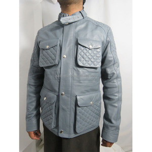 Chaqueta de cuero genuino para hombre, de alta calidad, con cuello alto y cuatro bolsillos. - Product Image 3