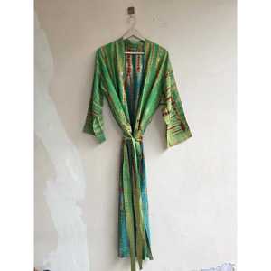 Vintage Floral Sari <b>Kimono</b> Robe Long Boho Loungewear with Drawstring <b>Plus</b> <b>Size</b> Friendly 1 Piece Bohoattire Crepe Silk - Product Image 3