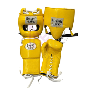 Precio al por mayor: Conjunto de boxeo personalizado de cuero genuino de alta calidad, sin cinturón, que incluye guantes de boxeo, protector de cabeza y protector de ingle. - Product Image 1