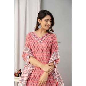 Kurta rose en pur coton imprimé pour femme avec manches trois-quarts et pantalon, dupatta inclus - Product Image 6
