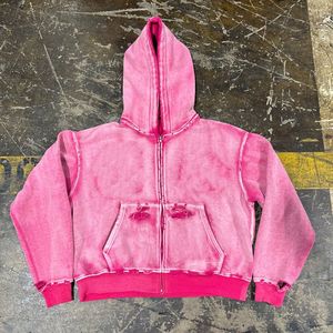 Nouveau Hoodie d'Hiver Streetwear Vintage en Coton, Effet Délavé au Soleil et Lavage Acide, en Molleton French Terry Uni, Coupe Boxy Zippée, Brodé - Product Image 1