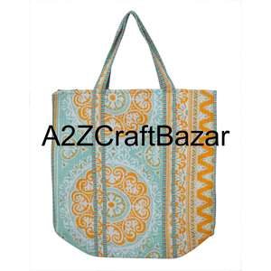 Sac fourre-tout à bandoulière en coton matelassé fait main pour femmes, sac de shopping écologique bohème indien avec imprimé en bloc - Product Image 1