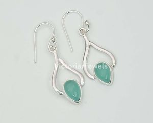 925 <b>Solid</b> Sterling <b>Silver</b> May Birthstone <b>Earrings</b> Aqua Chalcedony Pear Shape Hook Charm <b>Earrings</b> - Product Image 1