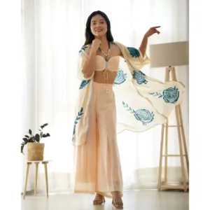 Ensemble Sharara pour femmes, style vintage, à motifs floraux, de couleur marron, tenue ethnique de fête, pour la vente en gros et l'exportation - Product Image 2