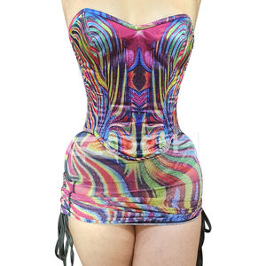 Vibrant Rainbow Psychedelic Wave Print Overbust Satin Corset With Drawstring Mini Skirt In Breathable See Through Mesh | Buy Now - Product Image 3