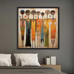 Impression sur toile de femmes africaines abstraites : Art mural ethnique de la fraternité, TOILE ENCARTÉCHÉE NOIRE - Product Image 1