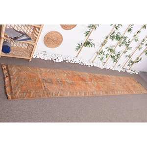 Tapis en laine orange vintage 2.1x11.8ft grande surface avec motif géométrique Patchwork Latex soutenu pour couloir ou décor de chambre - Product Image 3