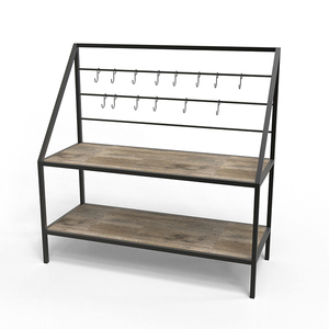 Escalera de madera Estante de almacenamiento de especias Estante de almacenamiento Barra de café Estante para panaderos 2 estantes y 16 ganchos para marco de acero para microondas - Product Image 1