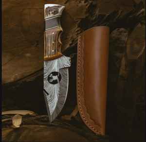 Cuchillo de Caza de Acero de Damasco, Cuchillos de Hoja Fija para Campismo y Supervivencia, con Funda de Cuero Fino, Cuchillos de Acero Personalizados - Product Image 2