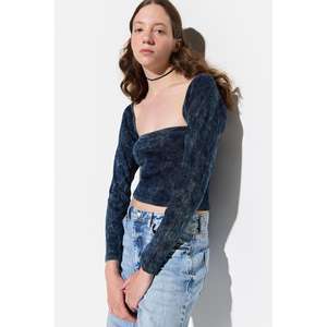 Long Sleeve Square Neck Crop <b>Velvet</b> Top - Product Image 2