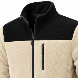 <b>Men's</b> beige Color Block <b>Fleece</b> Jacket Stand Collar Full Zip <b>Sherpa</b> Lined Long Sleeve Winter Coat - Product Image 3