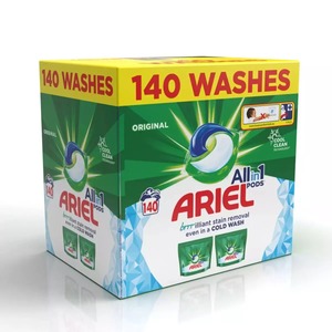 Ariel Mega Pack All-in-One Easy Clean Eliminación de manchas Cápsulas de lavandería 140 Count x Polvo de gel desechable para lavado de baño - Product Image 5