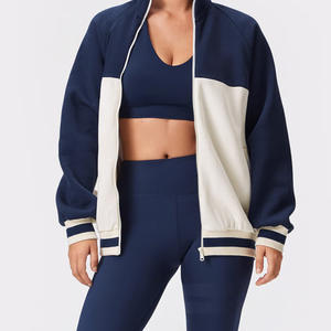 Sweat-shirt à capuche pour femme, style universitaire, fermeture éclair intégrale, tricoté, doublé, avec design bicolore - Product Image 5