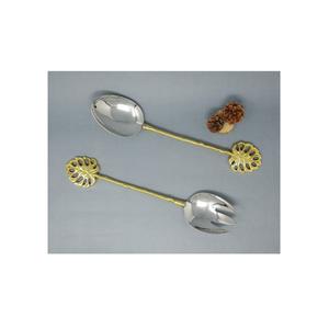 Ensembles de couverts de luxe en laiton et acier inoxydable avec conception de feuille de bétel à vendre ensemble de service à salade Offre Spéciale de 2 cuillère et fourchette - Product Image 1